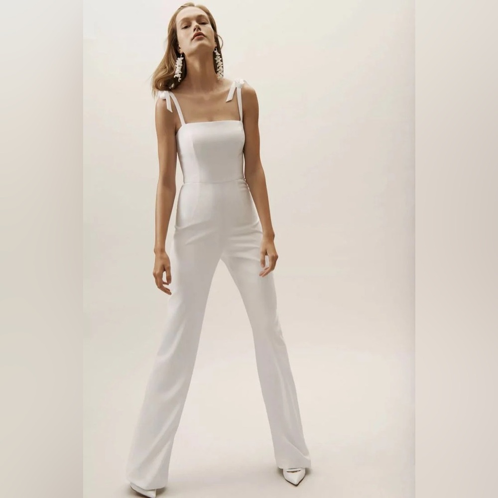 Theia Trinity Tie-Shoulder White Jumpsuit Sz 0 BHLDN Bridal Wedding Bachelorette